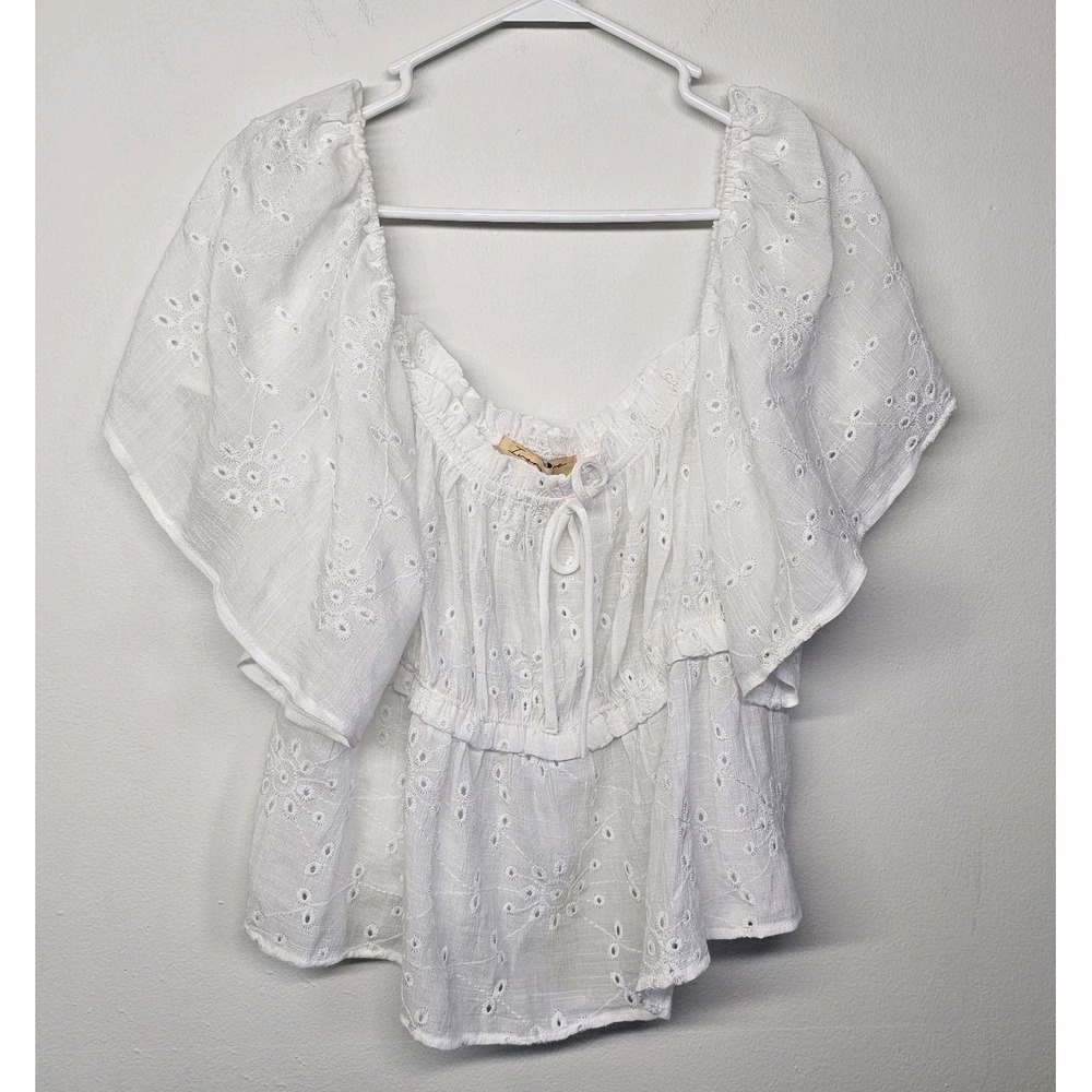 Womens XL Sheer Eyelet Babydoll Puff-Sleeve Pullover Top Blouse Off Shoulder